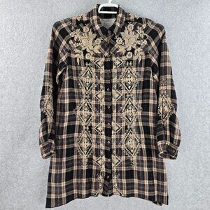 Johnny Was 3J Workshop Top Tunic Womens Medium Plaid Embroidered Button Boho